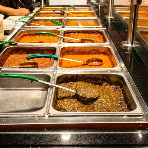 A buffet line with various Indian dishes in metal serving trays, including curries and stews.