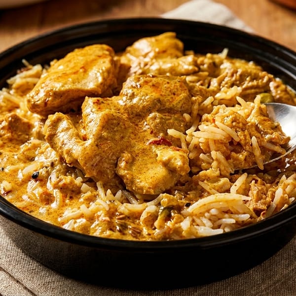 Chicken curry with rice in a black bowl, with a spoon scooping some out.