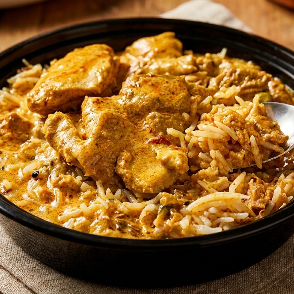 Chicken curry with rice in a black bowl, with a spoon scooping some out.