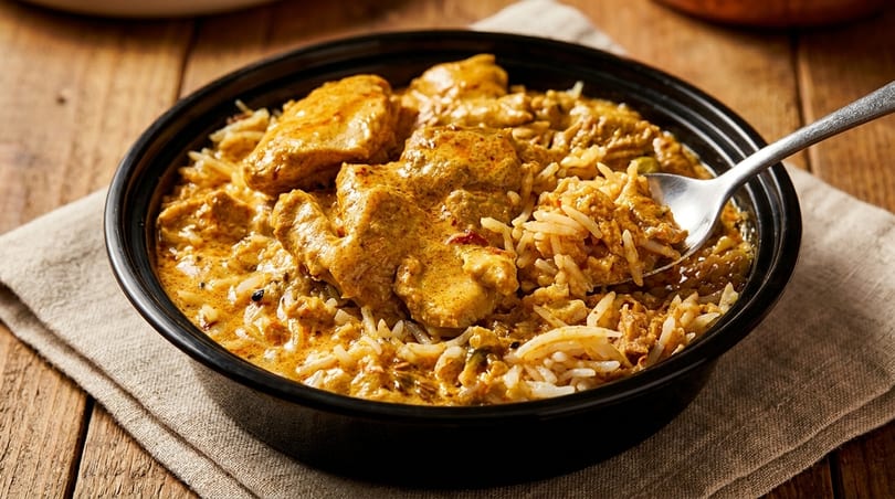Chicken curry with rice in a black bowl, with a spoon scooping some out.