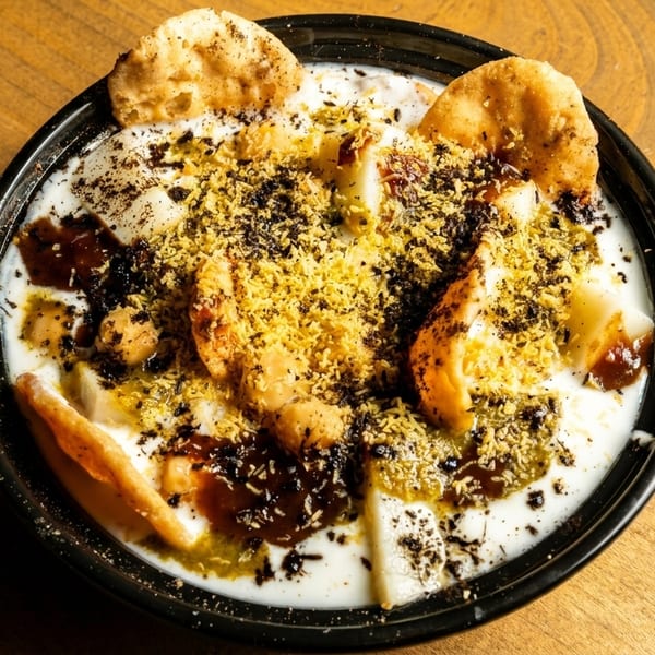Close-up of a bowl of Dahi Bhalla, topped with yogurt, chutneys, and spices on a wooden table.