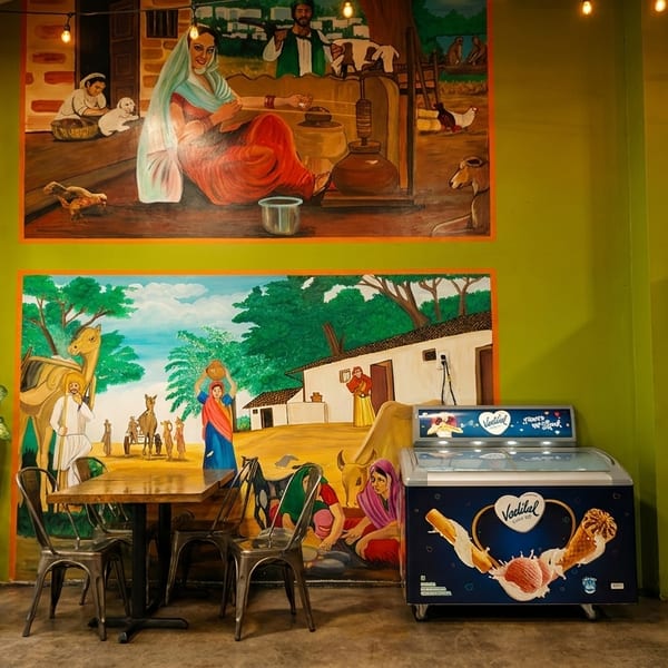 Restaurant interior with vibrant murals depicting rural life, a wooden table with chairs, and an ice cream freezer.